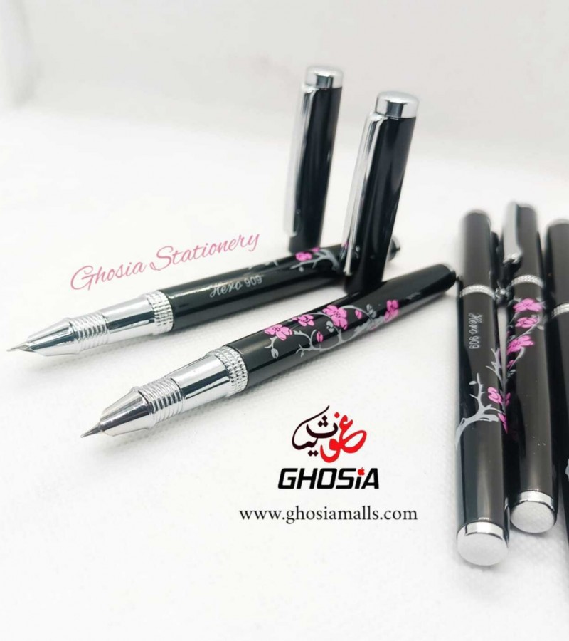 Floral Article Black Minagao Full Metallic Fountain Pen Flower Design Fancy Style Pen - 2314